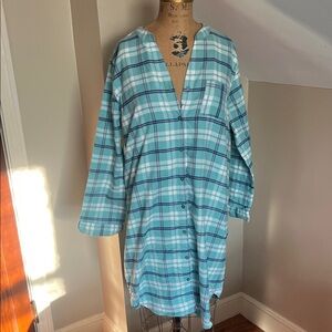 Garnet Hill  Plaid Teal Button-Down Nightshirt 100% Cotton L